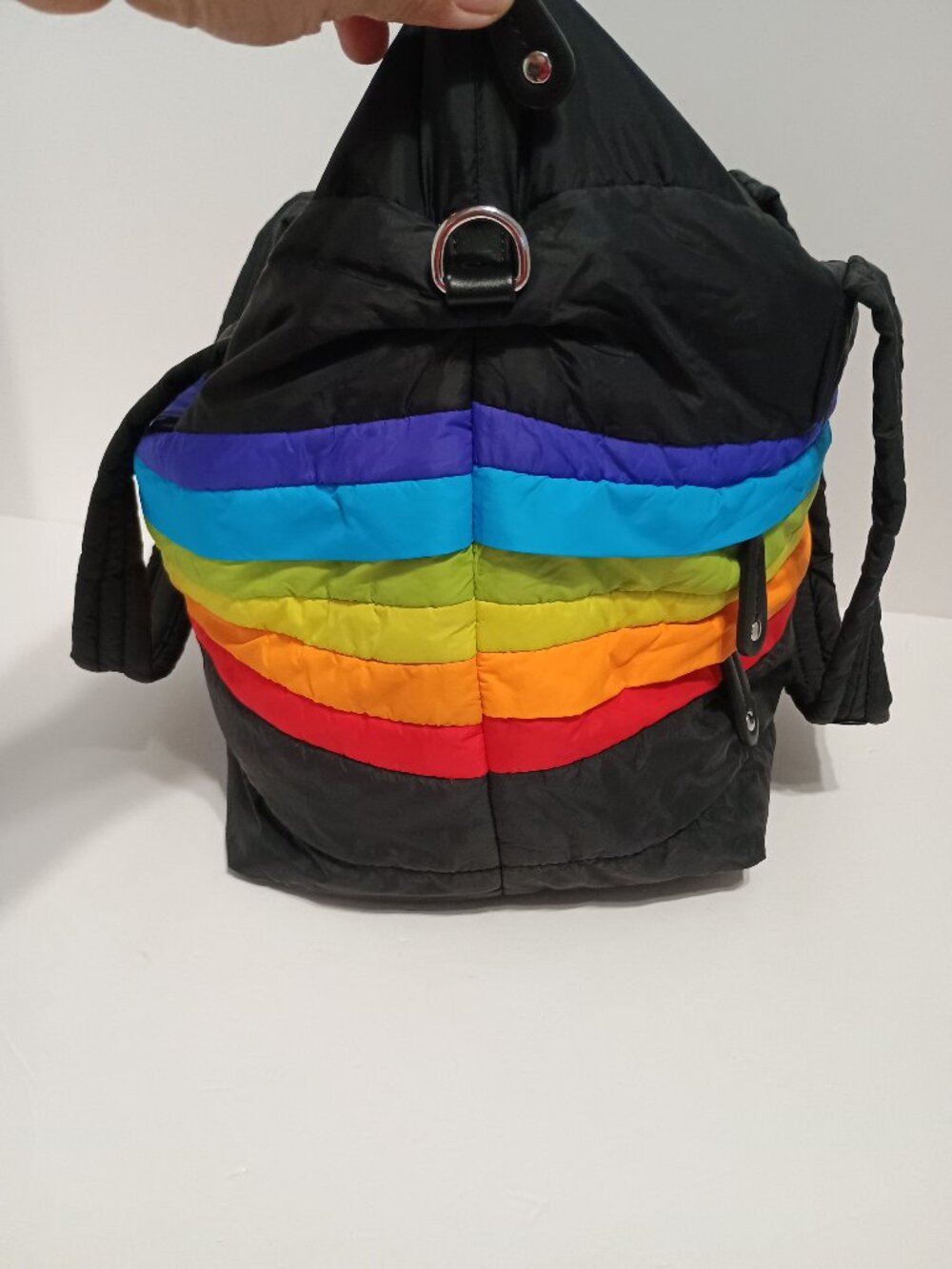 Sondra Roberts Squared Rainbow Puffer Tote Black Nylon Quilted Bag - Picture 6 of 12